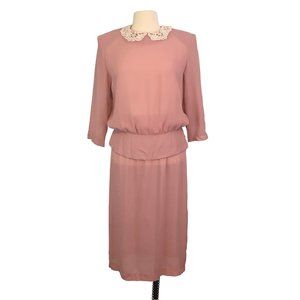 Amy-Deb Vintage 70's Dusty Pink Sheer 2 pc dress, Lace Collar Cottagecore, sz 12
